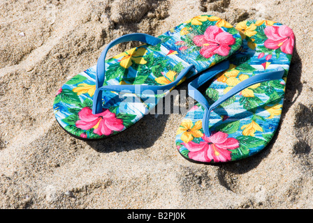 Una coppia di colorati e tropical flip flop sulla spiaggia Foto Stock
