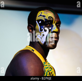 Giamaica 100m detentore del record mondiale Usain Bolt a Pechino in Cina. 05-ago-2008 Foto Stock
