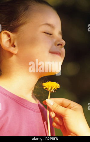 Ragazza giovane con tarassaco mettere sotto il suo mento sorridente estate gioco con mamma ama " burro " Bothell Washington stato USA MR Foto Stock