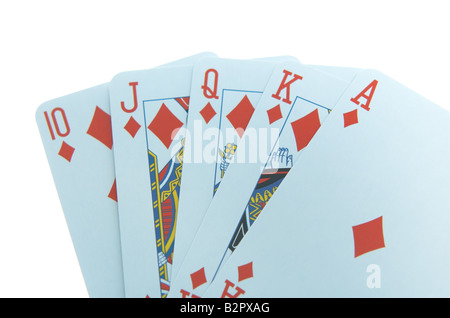 Una mano di carte che mostra vincendo royal flush in poker Foto Stock