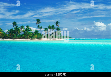 Alberi di palma e il Sandbar a un piede isola motu in Laguna Aitutaki nelle Isole Cook Foto Stock