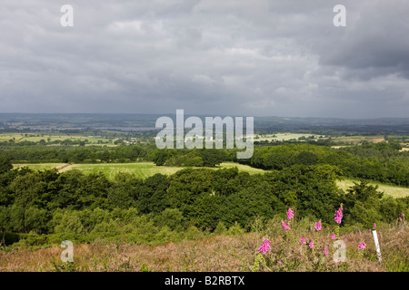 Il fiume Exe di Haze visto dalla collina di Woodbury Fort sotto un cielo tempestoso Foto Stock