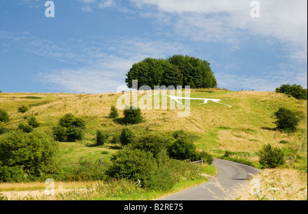 Hackpen White Horse e Hackpen Hill presi dalla strada da ampia Hinton di Marlborough, Wiltshire, Inghilterra, Regno Unito Foto Stock