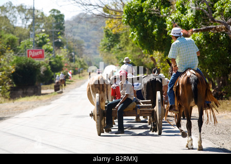 Ox carrelli guida lungo la strada in Guanacaste. Il bue sono tradizionali trasporti in Costa Rica e Guanacaste. Foto Stock