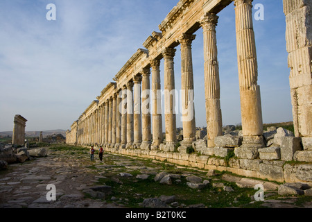 Ragazzi locali e la Collonade presso le rovine Romane di Apamea in Siria Foto Stock