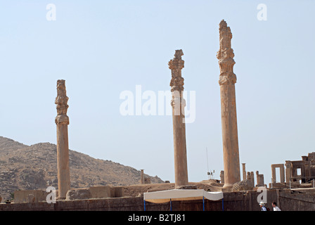 L'Iran. Persepolis-Remains dei pilastri del palazzo Apadana. Foto Stock