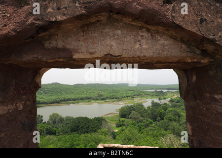 Una vista di Ranthambore riserva della tigre dalla parte superiore del Ranthambore fort, Rajasthan. Foto Stock