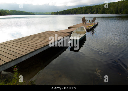 Il Dock al mattino presto sul lago in Haliburton Ontario Foto Stock