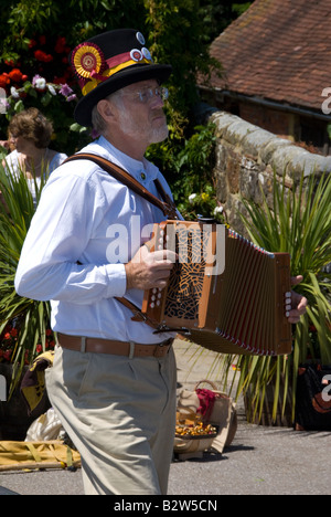 Un fisarmonicista per il Solstizio d'estate Morris ballerini, Rushlake verde, East Sussex, Inghilterra. Foto Stock