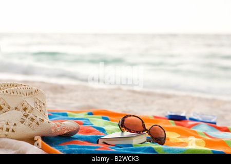 Cappello da sole Occhiali da sole libro e un asciugamano su una spiaggia Foto Stock