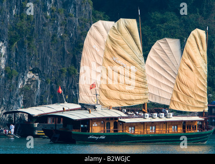 Crociera turistica giunche con vele di Halong Bay Vietnam Foto Stock