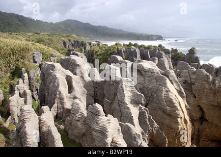 Pancake rocks e soffiature a Punakaiki sulla costa occidentale dell'Isola Sud, Nuova Zelanda Foto Stock