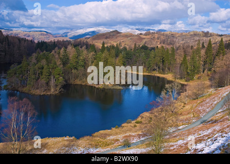 Vista dal Tarn Hows verso Helvellyn mountain range in inverno Foto Stock