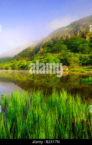 Un piccolo boathouse su una calma splendidamente e nebbiosa mattina a Llyn Dinas nel parco nazionale di Snowdonia nel Galles del Nord Foto Stock