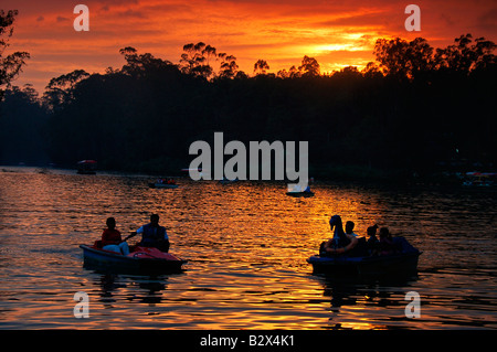 Barca a Ooty lago al tramonto Foto Stock