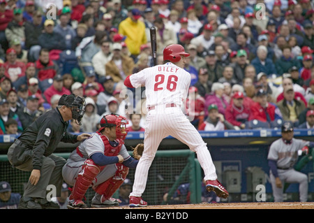 Major League Baseball player per il Philadelphia Phillies, #26, Chase Utley, una pastella sinistrorse Foto Stock