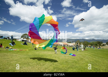 Un arcobaleno colorato aquilone vola in un cielo blu con il bianco puffy nuvole sul 15 aprile 2007, presso la chiesa di Santa Barbara il Kite Festival, CA Foto Stock