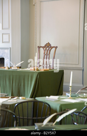 Gruppo ristrutturato Camera con "Rising Sun " Sedia di George Washington, Independence Hall, Philadelphia Foto Stock