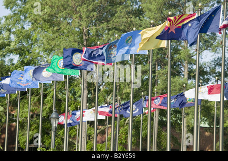 Cinquanta stato battenti bandiere di fronte a Jamestown Settlement, Jamestown, Virginia Foto Stock