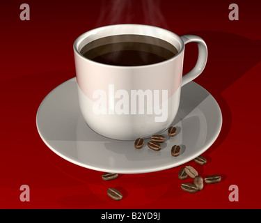Illustrazione di una tazza fumante di caffè caldo e alcuni chicchi di caffè su un lucido superficie rossa Foto Stock
