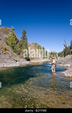 L'uomo la pesca in fiume, Highwood River, Alberta, Canada Foto Stock