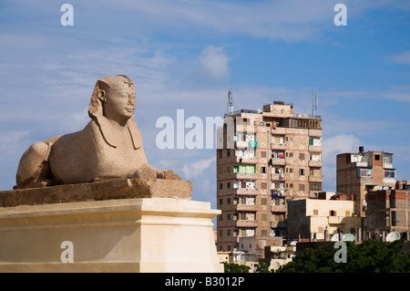 Sphinx, edifici in background, Alessandria, Egitto Foto Stock