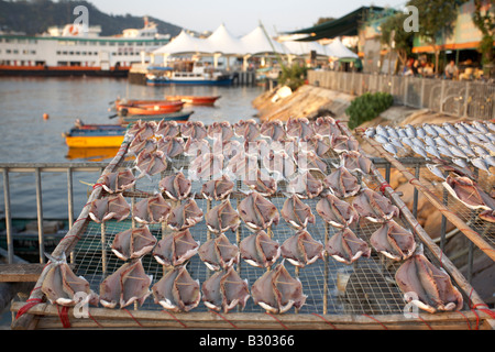 Pesce di essiccazione e il porto, Cheung Chau Isola, Cina Foto Stock