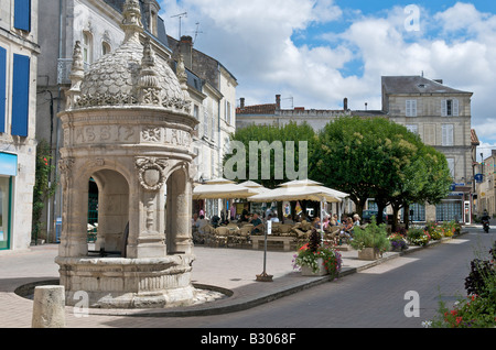 La piazza principale e la Fontana di gogna a Saint-Jean-d'Angely in Charente Maritime Francia Foto Stock