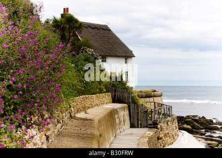 Cottage con il tetto di paglia a Runswick Bay Foto Stock