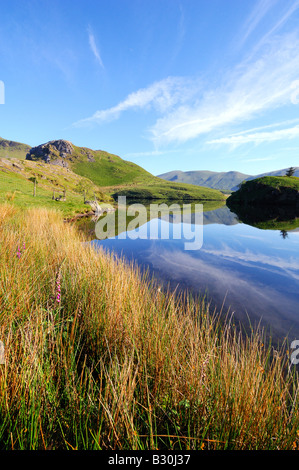 Una calma e splendida mattinata a Llyn Dywarchen nel parco nazionale di Snowdonia nel Galles del Nord Foto Stock