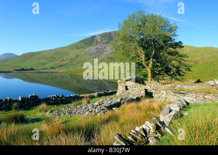 Una calma e splendida mattinata a Llyn Dywarchen nel parco nazionale di Snowdonia nel Galles del Nord Foto Stock