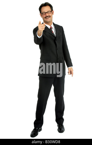 Uomo che indossa tuta dispositivo di puntamento con un fnger per la fotocamera Foto Stock