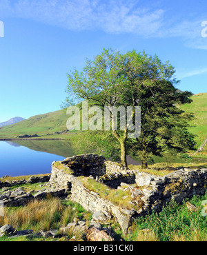 Una calma e splendida mattinata a Llyn Dywarchen nel parco nazionale di Snowdonia nel Galles del Nord Foto Stock