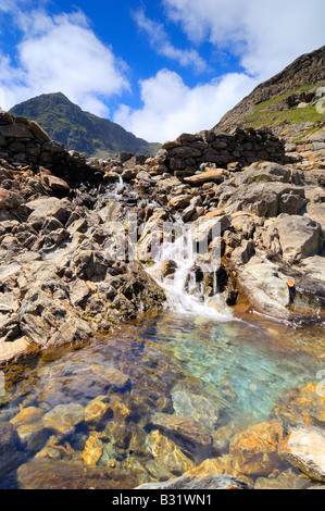 Una cascata che scorre tra Llyn Glaslyn e Llyn Llydaw accanto ai minatori via rotta verso la cima di Mount Snowdon Foto Stock