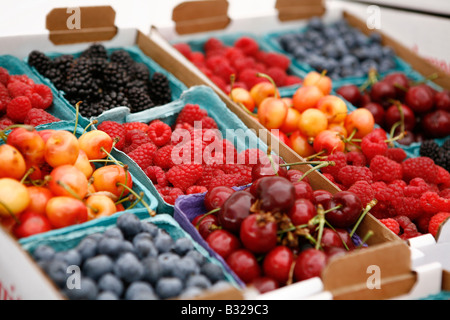 Cassa di frutti di bosco e le ciliegie sul display al mercato Foto Stock
