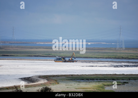 Sale meccanica harvester mining il sale sulla appartamenti vicino a Redwood City California estremità sud della baia di San Francisco Foto Stock