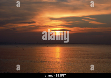 Sunrise in inverno sul Branksome Chine beach in Bournemouth Poole, Dorset. Foto Stock