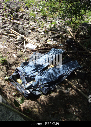 Due coppie di blu denim Jeans Pantaloni Pantaloni di sottobosco erba nel campo Foto Stock