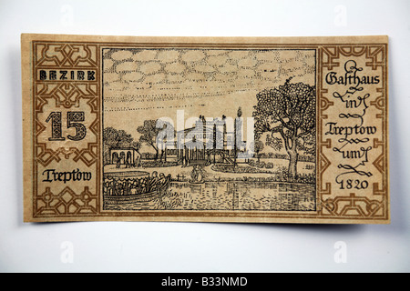 1921 BERLINO NOTGELD tedesco banconota. 15) Treptow - Treptow Inn w traghetto nel 1820. Foto Stock