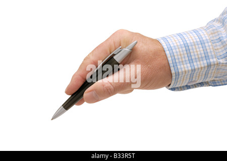 Un maschio di mano che trattiene la punta di una penna a sfera pronto a firmare un documento Foto Stock