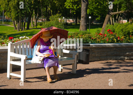 Donna matura lettura sotto un ombrello nel parco di Kadriorg a Tallinn Estonia Europa Foto Stock