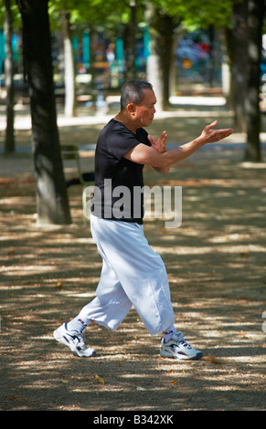 Oriental uomo praticare il Tai Chi nel Jardin du Luxembourg Parigi Francia Foto Stock