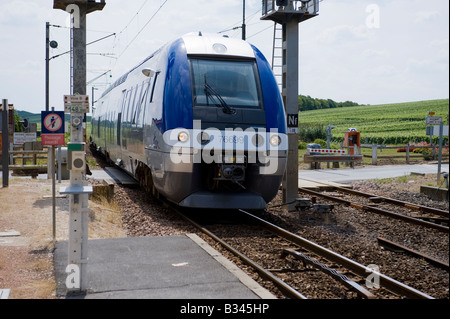 Treno da epernay avvicinando Avenay Val d'o stazione CHAMPAGNE ARDENNE FRANCIA Foto Stock