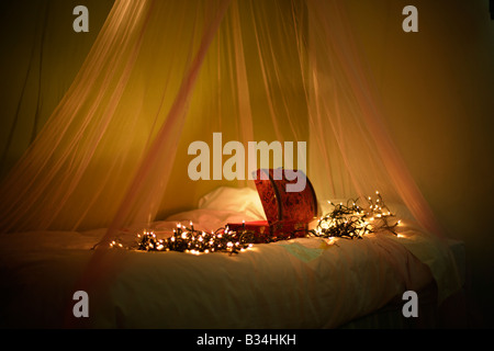 Aprire la scatola con le luci sul letto matrimoniale con baldacchino Foto Stock