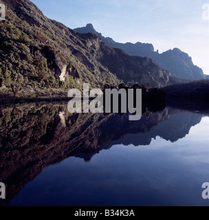 In Uganda, Uganda occidentale Rwenzori Mountains. Lago Kitandara (sud) (13,200 piedi), un poco profondo lago di acqua dolce, con il Monte Luigi di Savoia (15,179 piedi) in aumento nella distanza. Foto Stock