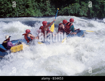 In Uganda, Jinja, White-Water rafting può essere disposto sul Nilo Victoria al Bujugali Falls, a circa 7 miglia a nord di Jinja dove il Nilo comincia la sua 4.000 miglia di viaggio dal Lago Vittoria al Mare Mediterraneo. Il fiume è presumibilmente Classe 5, rendendo lo sport vi più impegnativo che lo Zambesi a Victoria Falls.Bujugali Falls è in realtà una serie di rapide. Resta il solo cade su questo tratto del fiume dopo la costruzione del Owen Falls Dam (costruito negli anni cinquanta a produrre energia idroelettrica per in Uganda e in Kenya) sommerso le Ripon cade a Jinja. Foto Stock