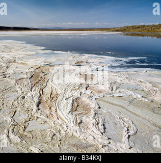 Kenya, Rift Valley Provincia, Lake Magadi. Incrostazioni di tipo minerale di trona o natron forma mediante evaporazione in poco profonde acque alcaline di Lake Magadi. Essi sono minate per una varietà di usi commerciali e sono continuamente rifornito dall'azione delle molle della metropolitana. Foto Stock