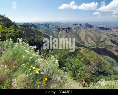 Kenya, Samburu District, Losiolo. Un Guerriero Samburu si affaccia su una vasta distesa di paese inospitale dalla scarpata orientale dell'Africa Great Rift Valley a Losiolo, a nord di Maralal. Da 8.000 piedi la terra cade lontano 3.000 piedi in valli aspre e una vasta pianura, il dominio di pastori nomadi, prima di aumentare nuovamente a 75 miglia di distanza. Le viste a Losiolo sono le più spettacolari in Kenya del più grande e più lunga e la più cospicua caratteristica fisica del suo genere sulla terra. Foto Stock