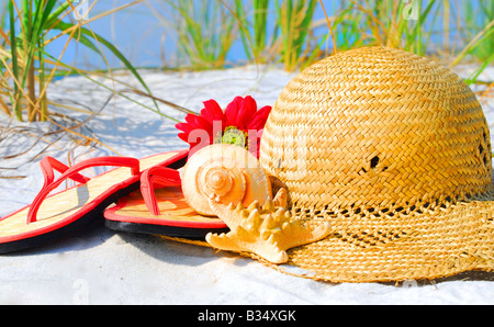 Conchiglie, cappello e flip flop sulla spiaggia Foto Stock