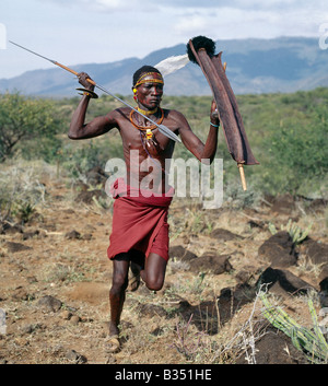 Kenya, Turkana, Parkati. Le armi tradizionali del Turkana warriors consisteva in una lunga lancia scopare con una lama stretta, una piccola protezione rettangolare fatta di giraffa o pelle di bufalo, una lama da polso indossato intorno all'assalitore il polso destro e uno o due dita di coltelli per la scriccatura di un nemico degli occhi. Esse devono essere state un panorama meraviglioso in piena battaglia grido. Armi Moderne hanno ormai sostituito i vecchi metodi di lotta. Foto Stock